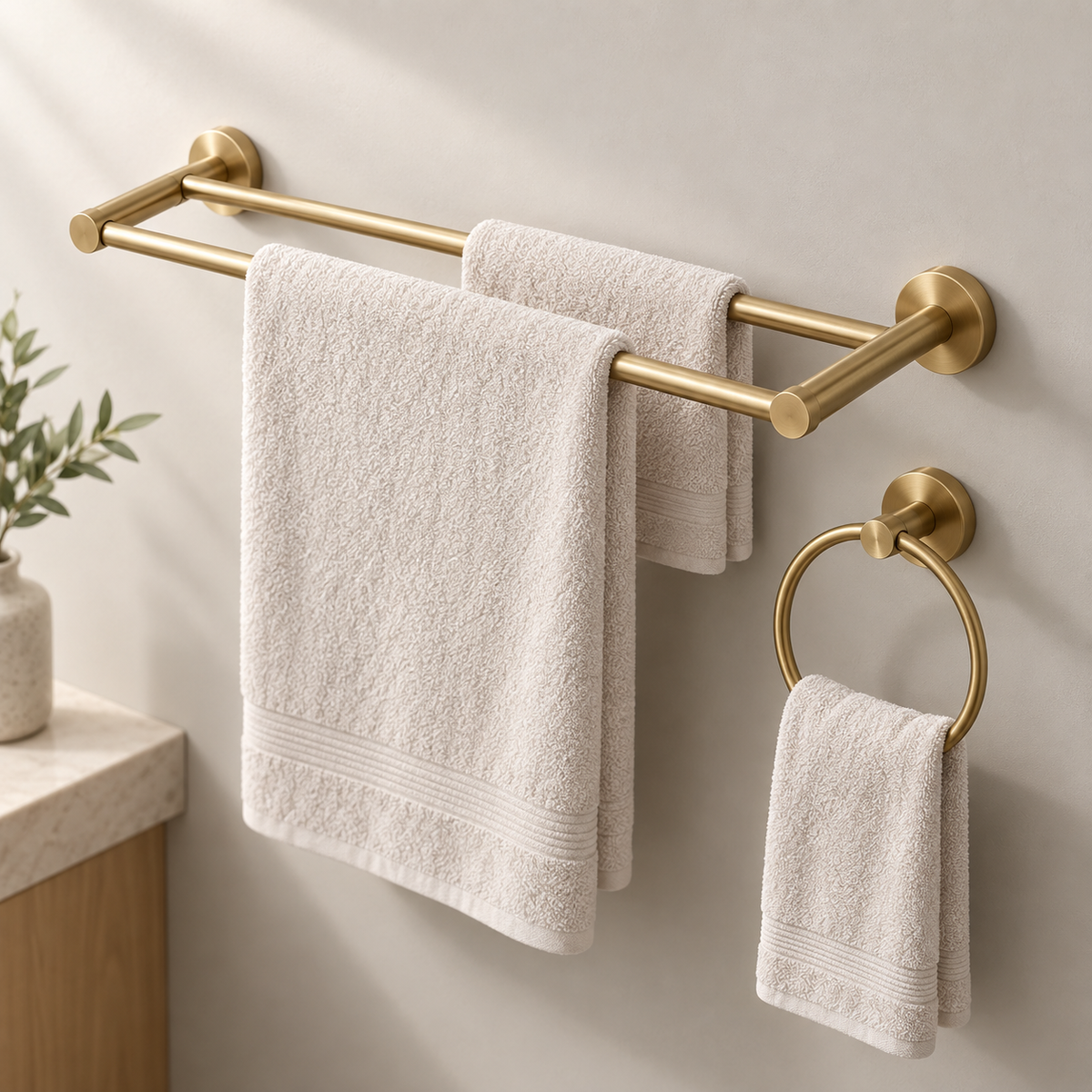 Brushed Brass Towel Bar Suite hero view