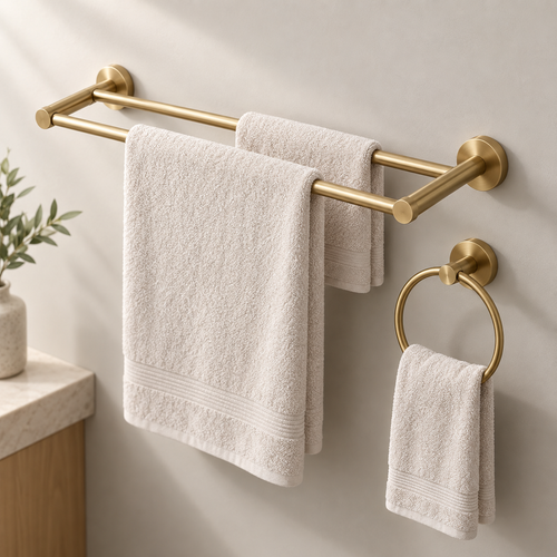 Brushed Brass Towel Bar Suite hero view