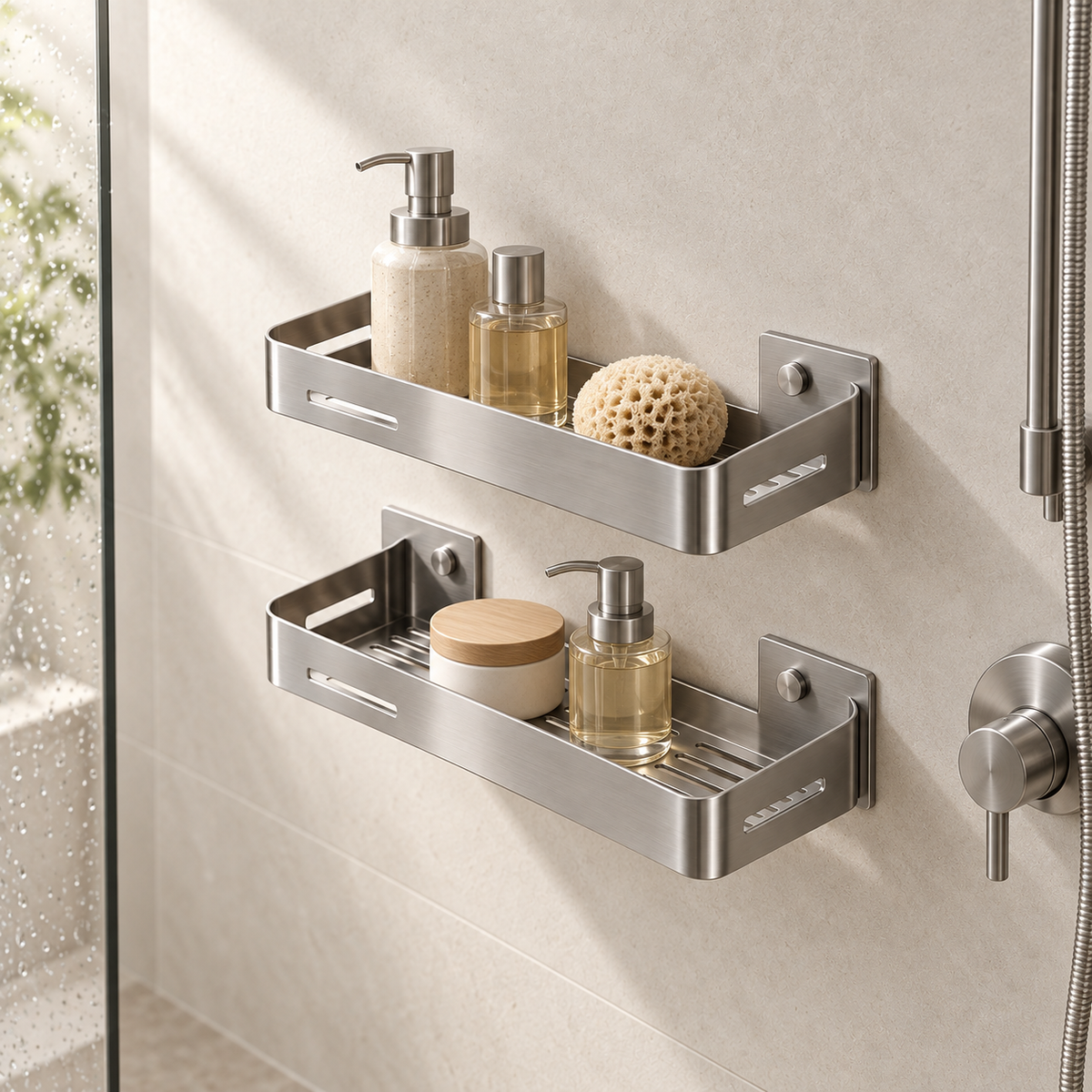 Stainless Shower Shelf Pair lifestyle view